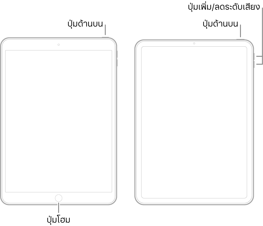 ภาพประกอบของ iPad รุ่นต่างๆ สองประเภท ซึ่งหงายหน้าจอขึ้น ภาพประกอบซ้ายสุดแสดงรุ่นที่มีปุ่มโฮมที่ด้านล่างสุดของอุปกรณ์ และปุ่มด้านบนที่ขอบด้านขวาบนสุดของอุปกรณ์ ภาพประกอบขวาสุดแสดงรุ่นที่ไม่มีปุ่มโฮม บนอุปกรณ์นี้ ปุ่มเพิ่มระดับเสียงและปุ่มลดระดับเสียงแสดงอยู่ที่ขอบด้านขวาของอุปกรณ์บริเวณด้านบนสุด และปุ่มด้านบนแสดงอยู่ที่ขอบด้านขวาบนสุดของอุปกรณ์