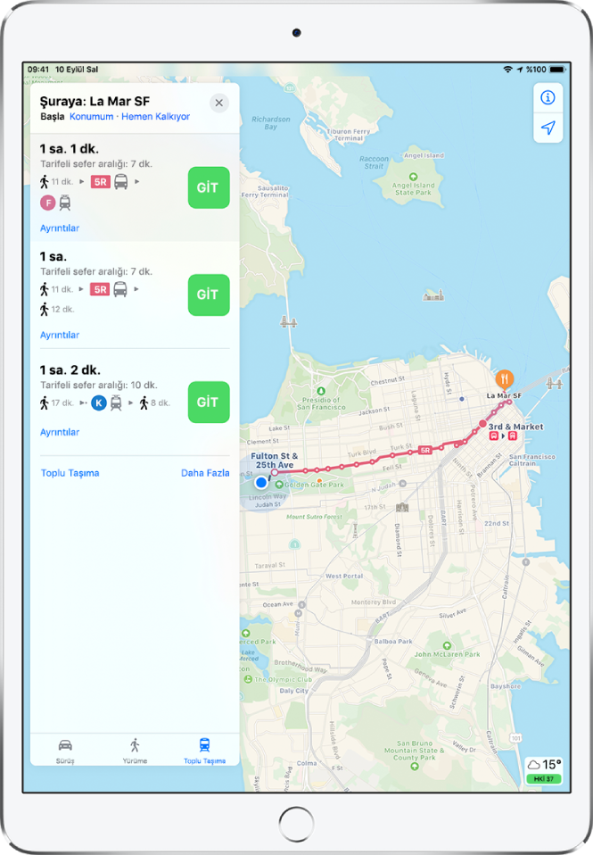San Francisco üzerinde bir toplu taşıma rotasını gösteren bir harita. Solda güzergâhkartında olası üç güzergâh listeleniyor.
