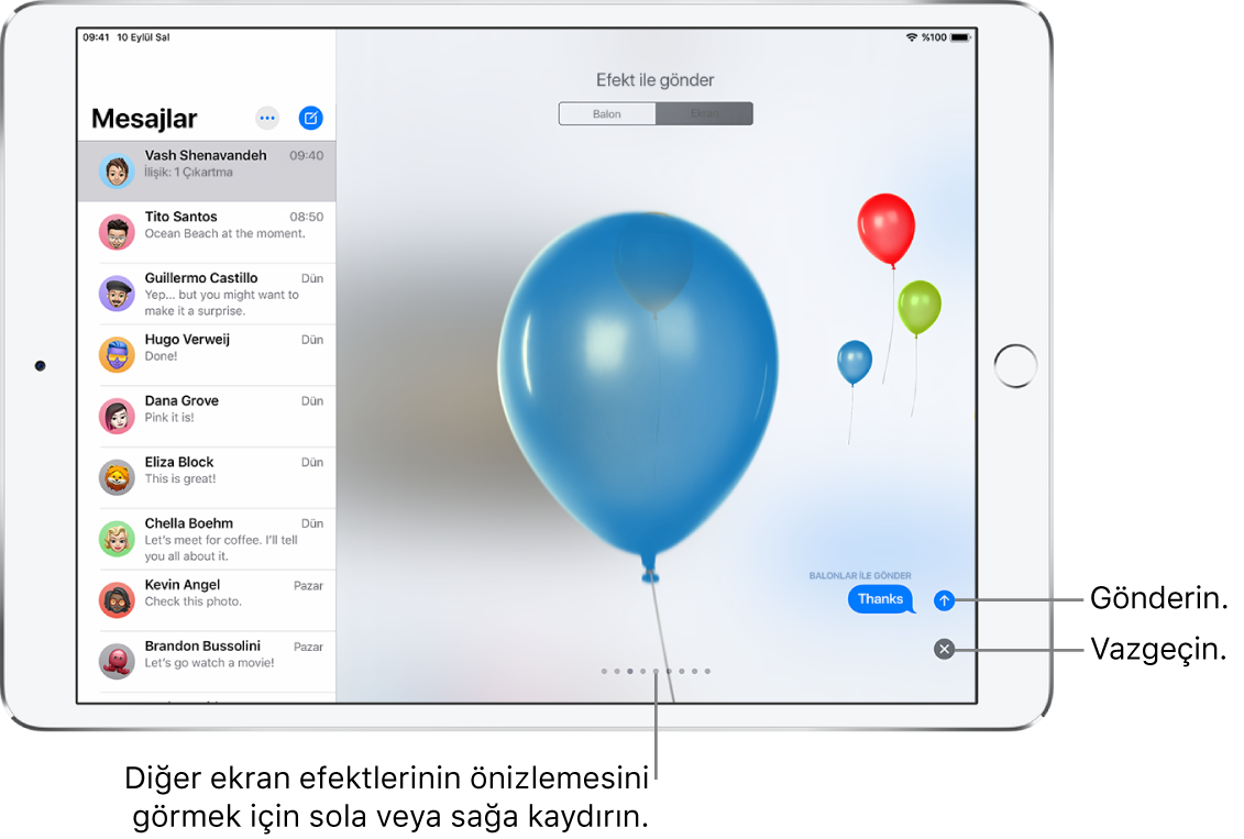 Balonlarla tam ekran efektinin gösterildiği bir mesaj önizlemesi.