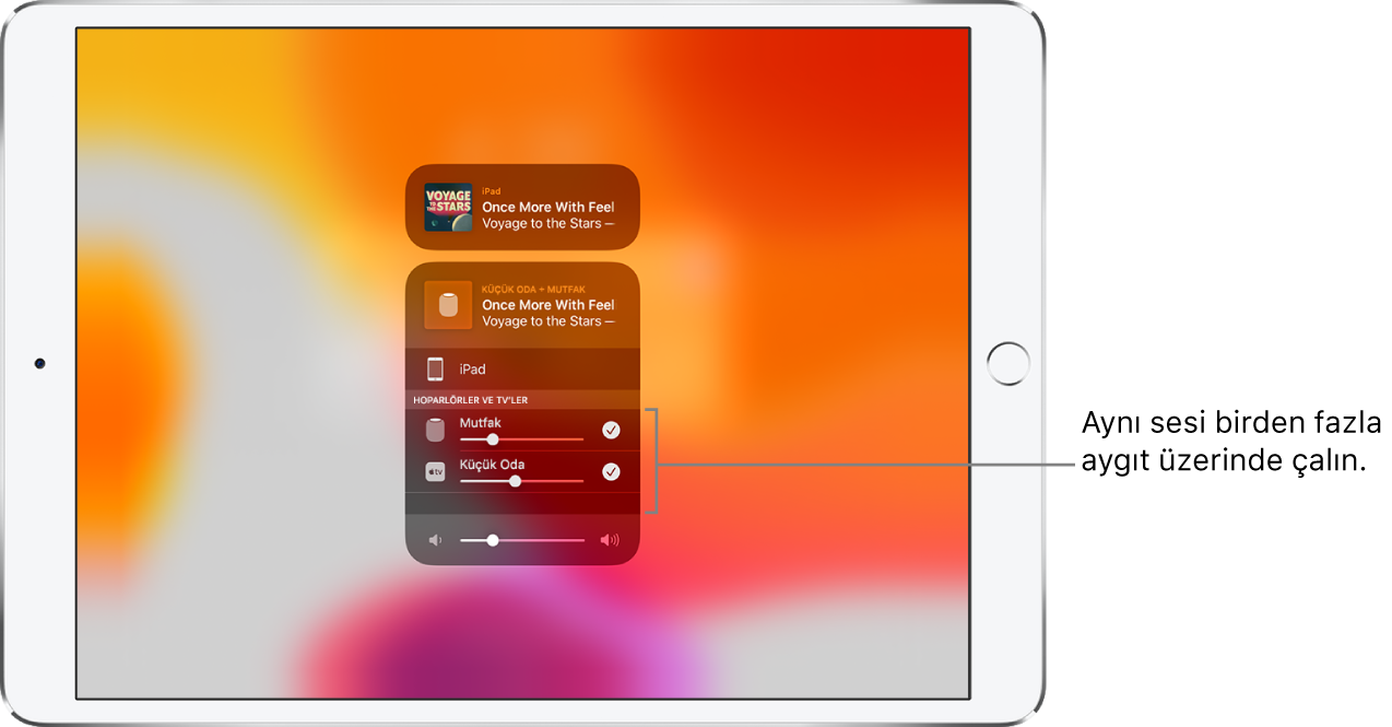 Seçili ses hedefleri olarak HomePod’un ve Apple TV’nin gösterildiği iPad ekranı.