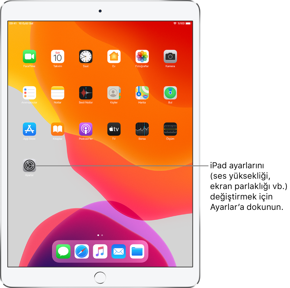 iPad’inizin ses yüksekliğini, ekran parlaklığını ve daha birçok şeyi değiştirmek için dokunabileceğiniz Ayarlar simgesi de dahil olmak üzere birçok simgenin bulunduğu iPad ana ekranı.