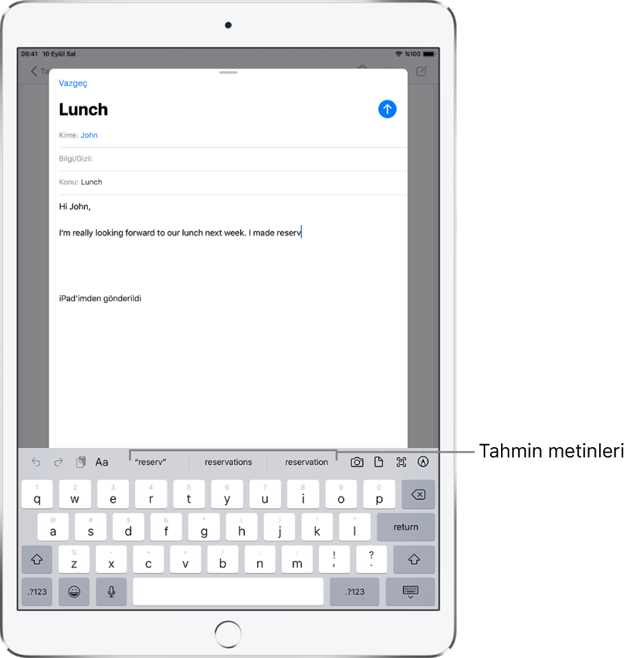 Yeni iletinin ilk birkaç sözcüğünü, bir sonraki sözcüğü tamamlamaya yönelik tahmini metin önerileriyle birlikte gösteren bir Mail iletisi.