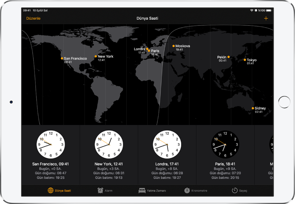 Dünya Saati sekmesi, farklı şehirlerdeki saati gösterir. Saatleri düzenlemek için sol üstteki Düzenle’ye dokunun. Daha fazla şehir eklemek için sağ üstteki Ekle düğmesine dokunun. Alarm, Yatma Zamanı, Kronometre ve Sayaç alt kısımdadır.