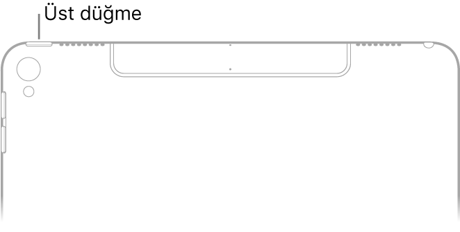 iPad’in arka tarafında üst kısma baktığınızda, belirtme çizgisiyle gösterilen üst düğmesi sol üst köşenin en üst kenarındadır.