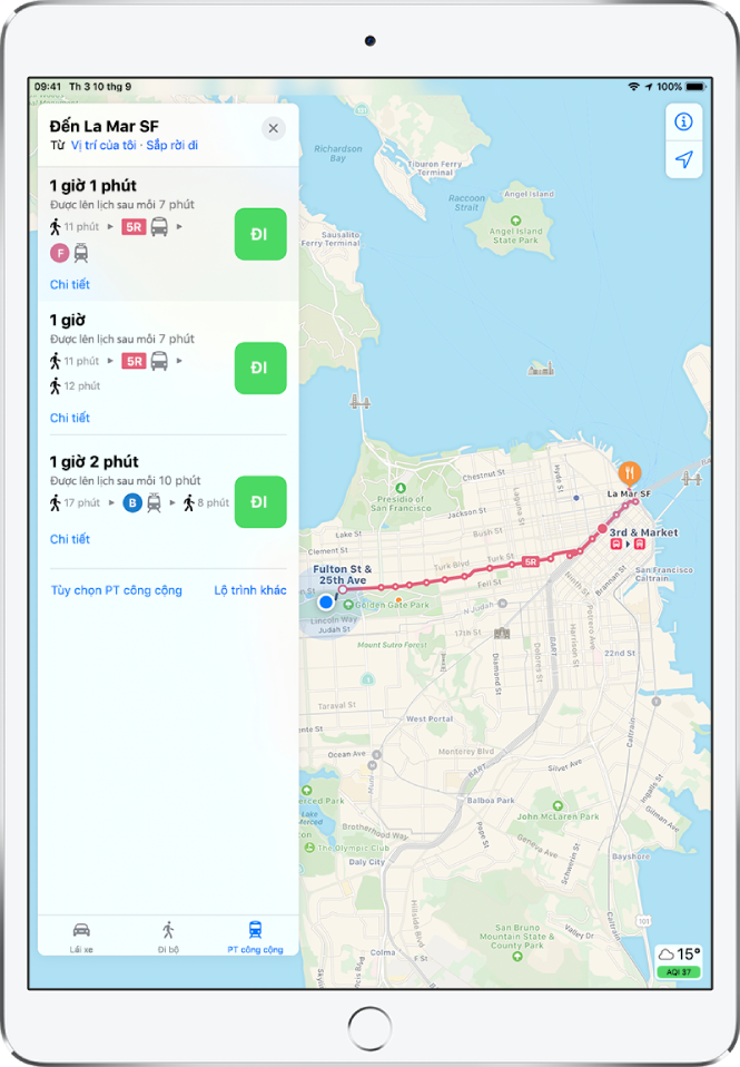 Một bản đồ đang hiển thị lộ trình phương tiện công cộng qua San Francisco. Một thẻ lộ trình ở bên trái liệt kê ba lộ trình có thể sử dụng.