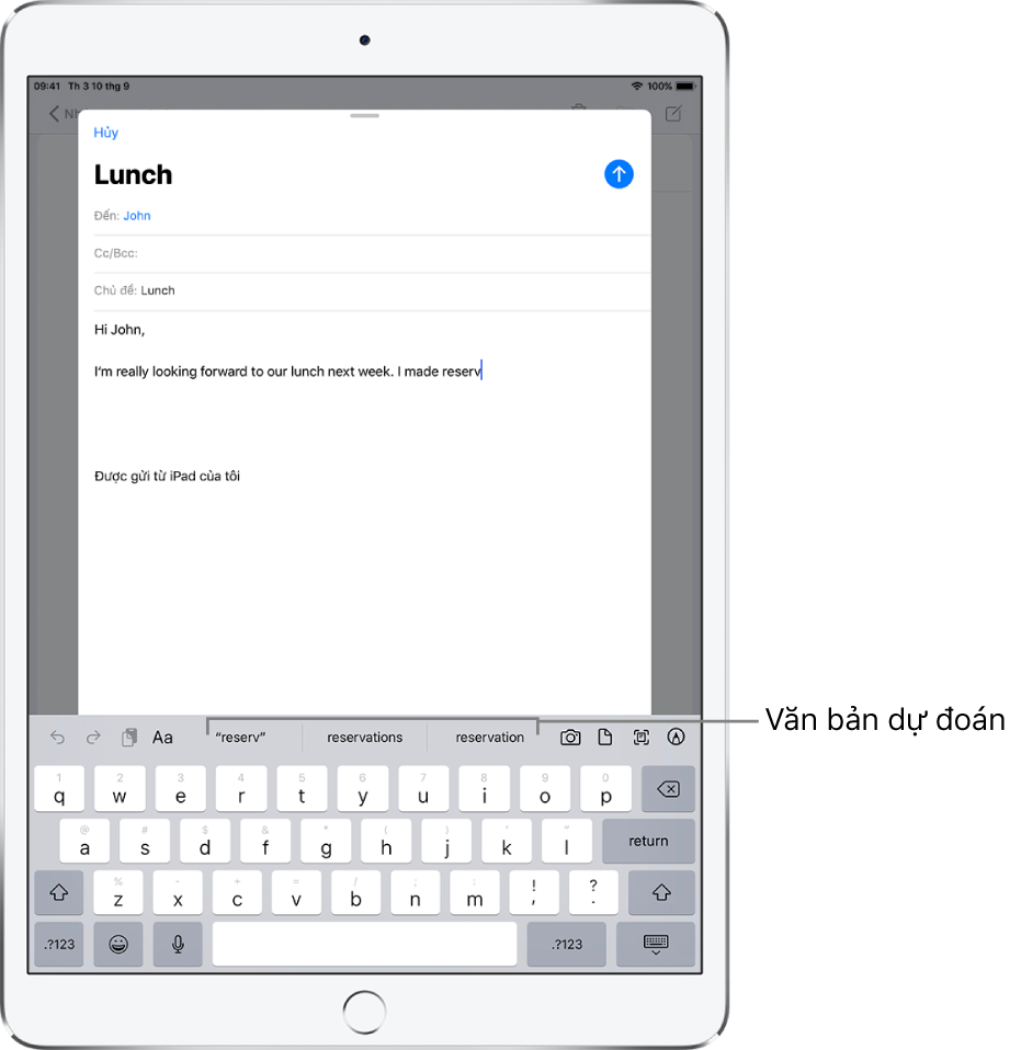 Một thư trong Mail hiển thị một số từ đầu tiên của thư mới, với các gợi ý văn bản dự đoán để hoàn thành từ tiếp theo.