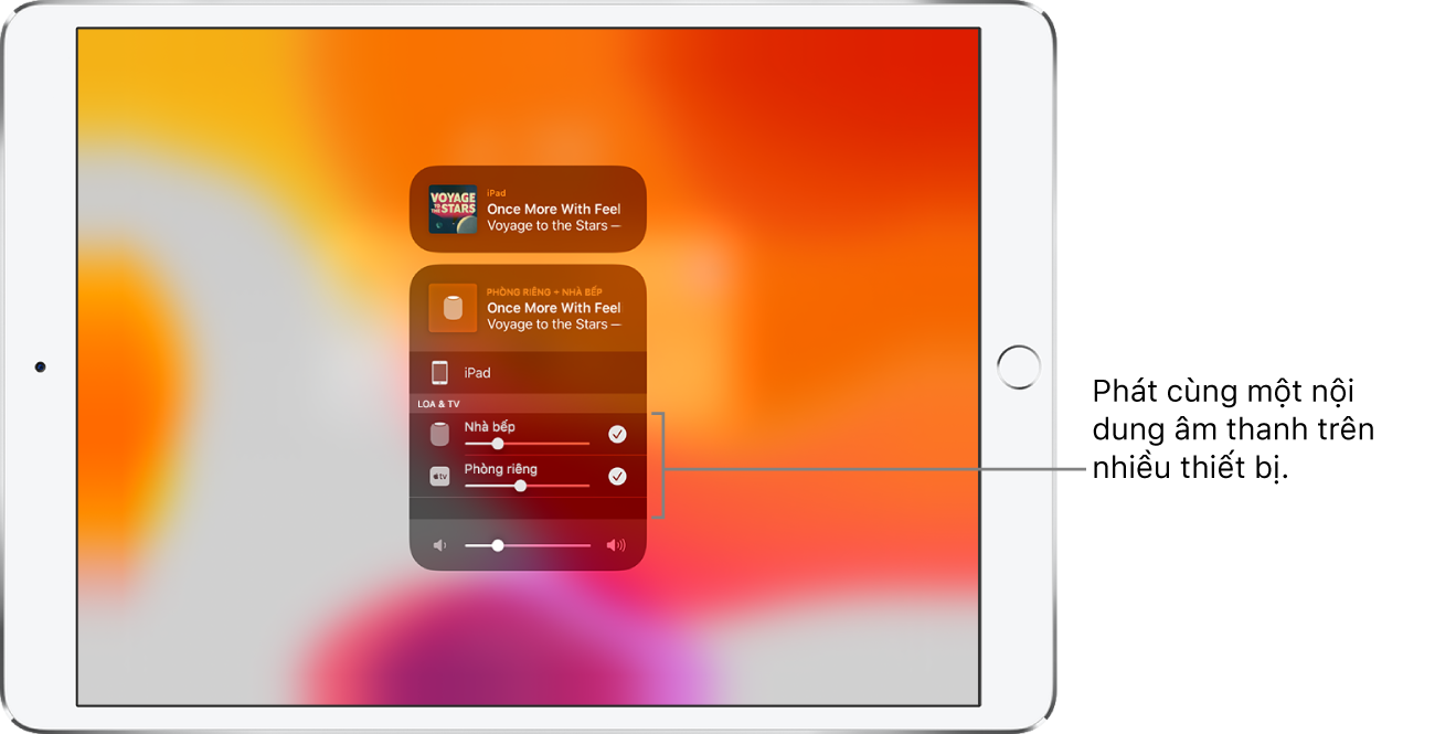 Màn hình iPad đang hiển thị HomePod và Apple TV dưới dạng đích âm thanh được chọn.
