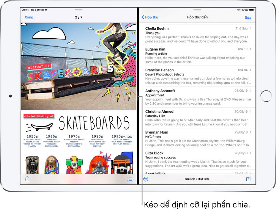Một ứng dụng đồ họa được mở ở phía bên trái của màn hình và Mail được mở ở phía bên phải. Một chú thích cho đường kẻ màu tối ở giữa chúng có nội dung “Kéo để định cỡ lại phần chia”.