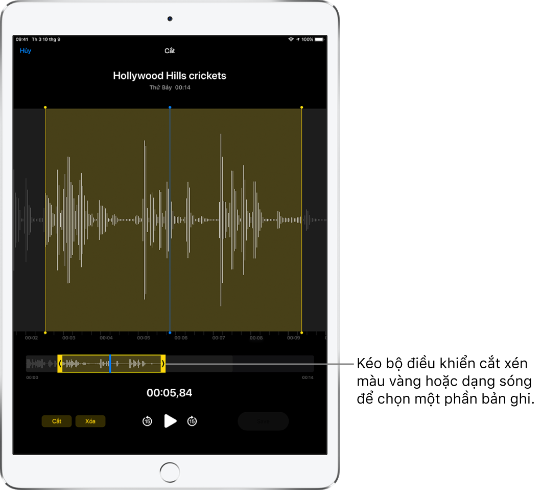 Bản ghi đang được cắt xén với các bộ điều khiển cắt xén màu vàng đang đặt một phần dạng sóng âm thanh ở cuối màn hình. Nút Phát và bộ đếm giờ bản ghi xuất hiện bên dưới dạng sóng và bộ điều khiển cắt.