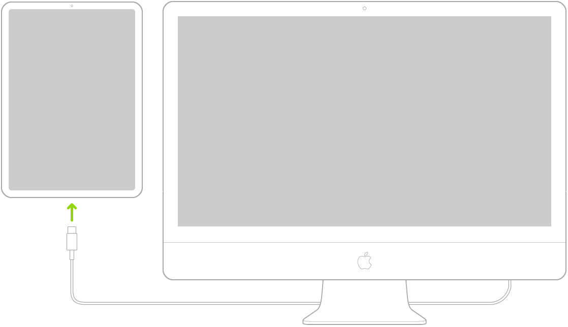 通过 USB-C 充电线连接到 Mac 电脑的 iPad。