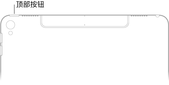 iPad 上半部分的背面。顶部按钮（或睡眠/唤醒按钮）位于左上角顶部边缘。