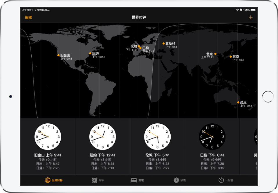 “世界时钟”标签，显示各个城市的时间。轻点左上方的“编辑”以排列时钟。轻点右上方的“添加”按钮以添加更多世界时钟。“闹钟”、“就寝”、“秒表”和“计时器”按钮位于底部。