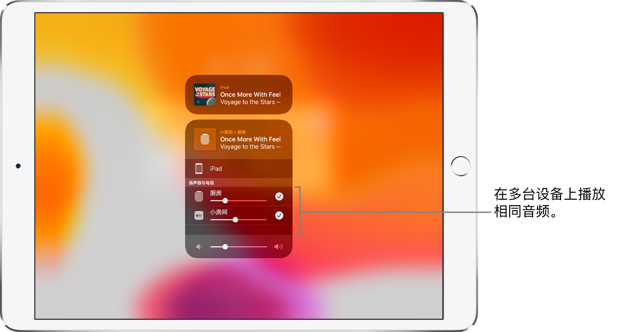 iPad 屏幕，显示 HomePod 和 Apple TV 为所选音频播放位置。