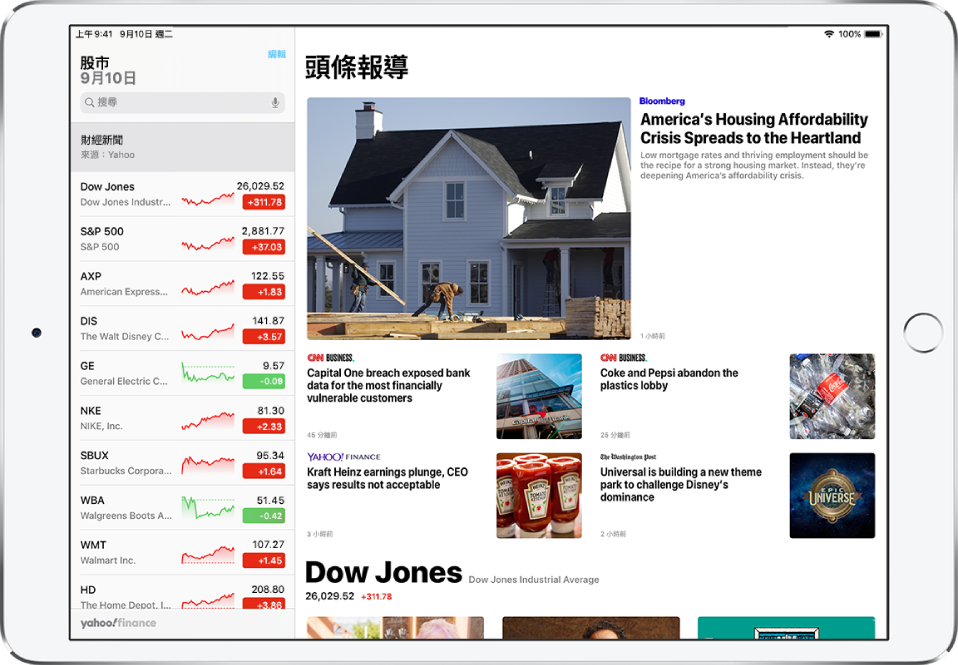 以橫向方向顯示「股市」畫面。搜尋欄位在左上角。搜尋欄位下方是觀察列表。與觀察列表中的股票相關的「熱門報導」填滿剩下的畫面。