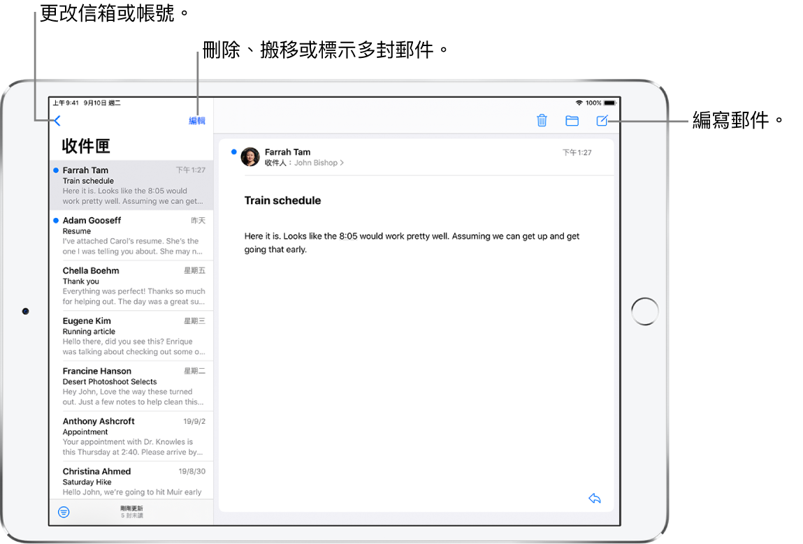 「郵件」的收件匣，電子郵件列表位於左側，右側是打開的電子郵件討論串。切換至其他信箱的「信箱」按鈕位於左上角。用於過濾電子郵件以便只顯示特定種類電子郵件的按鈕位於左下角。編寫新電子郵件的按鈕位於右上角。
