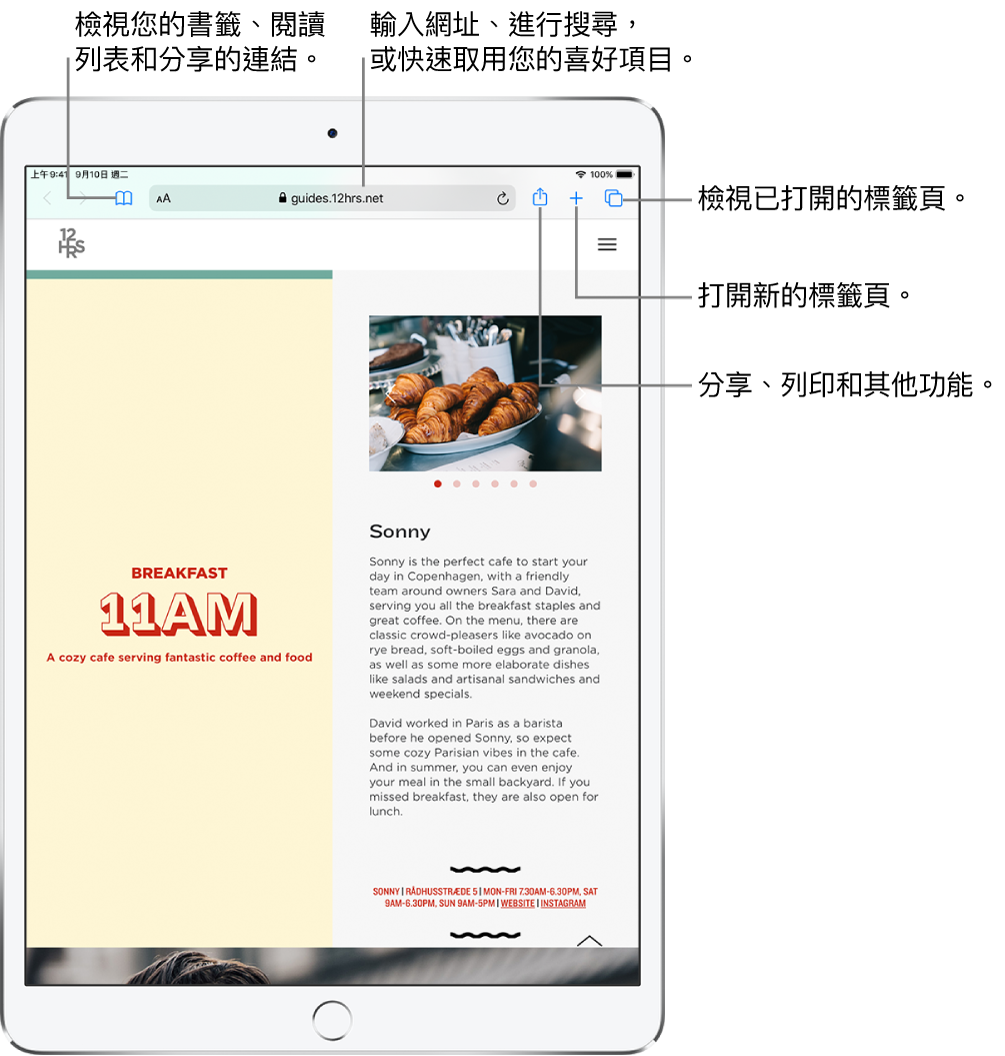 於 Safari 中開啟網頁，這些控制項目位於頂部，由左至右為：「往後」、「往前」、「書籤」按鈕、網址欄位、「分享」、「新增標籤頁」和「頁面」按鈕。