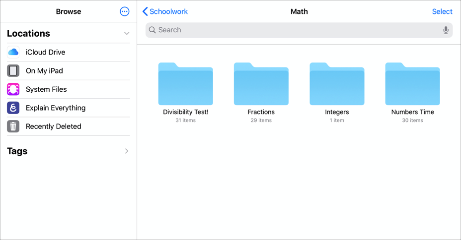 A sample iCloud Drive showing four Handout folders (Divisibility Test!, Fractions, Integers, Numbers Time) in the Maths Schoolwork class folder.