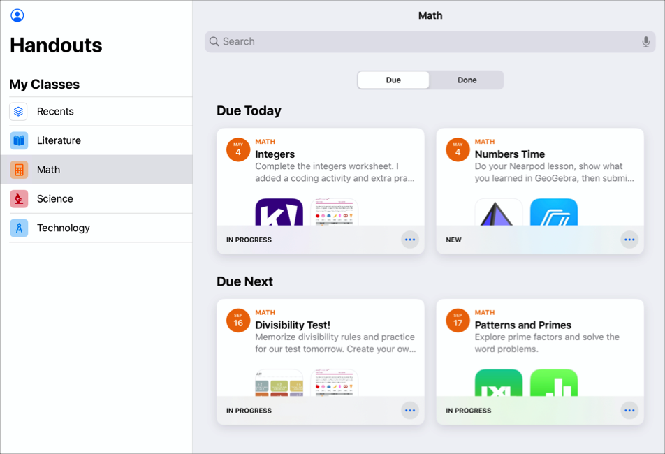 A sample class view — Maths — showing four Handouts in the Due view: two in Due Today and two in Due Next. In addition to the Recents view, the Schoolwork sidebar contains four classes (Literature, Maths, Science and Technology).