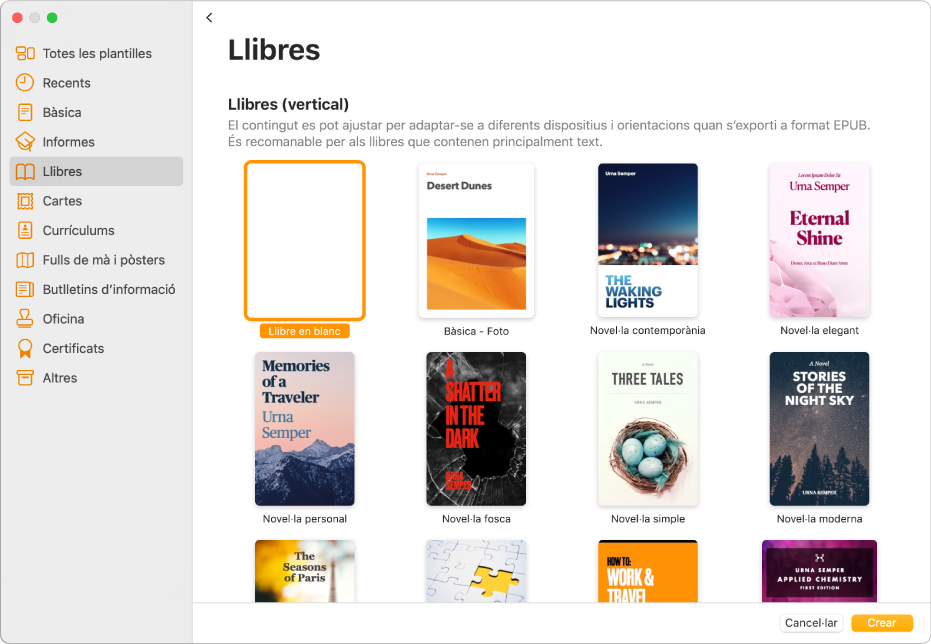 El selector de plantilles amb l’opció Llibres seleccionada a la llista de categories de l’esquerra i les plantilles de llibres en orientació vertical a la dreta.