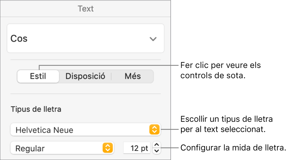 Els controls de text de la secció Estil de la barra lateral Format, per definir el tipus i la mida de la lletra.
