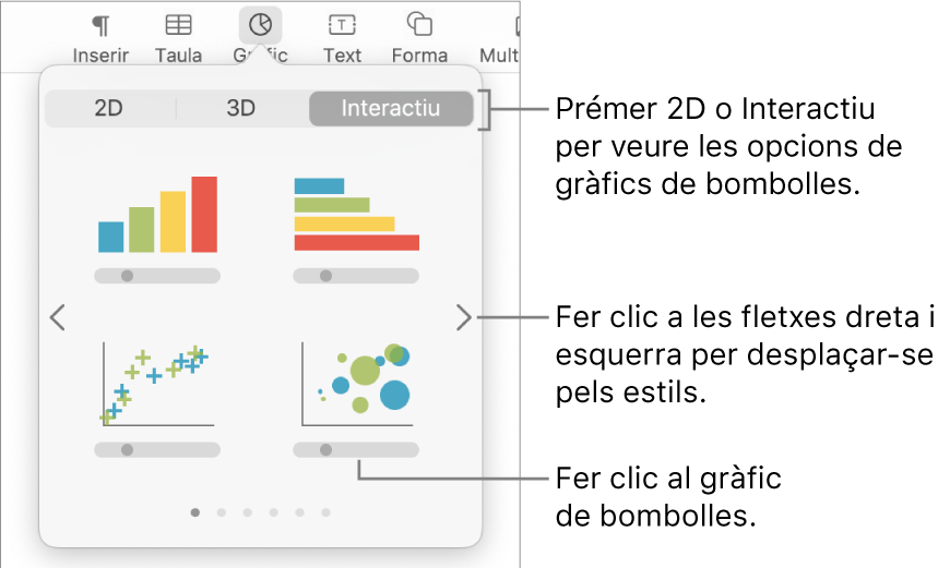 El menú d’afegir un gràfic, que mostra gràfics interactius i una opció de gràfic de bombolles.