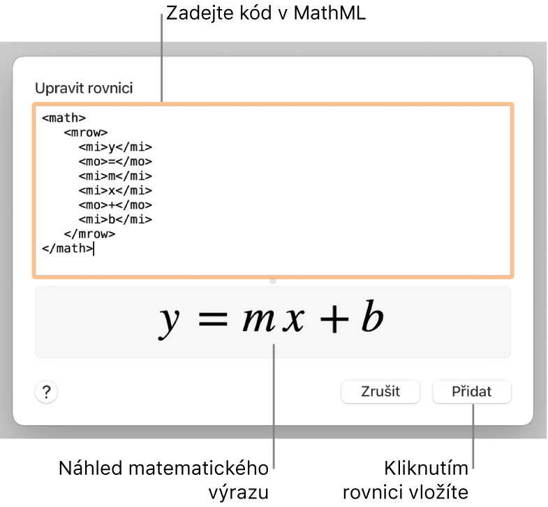 Pole Upravit rovnici obsahující rovnici směrnice přímky a pod ním náhled výsledného vzorce