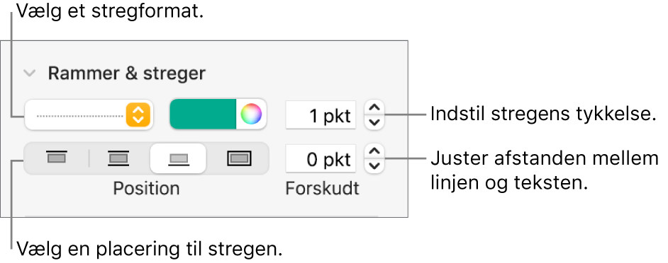 Betjeningsmuligheder til ændring af stregformat, tykkelse, position og farve.