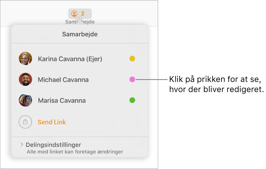 Listen med deltagere med tre deltagere og prikker i forskellige farver ud for hvert navn.