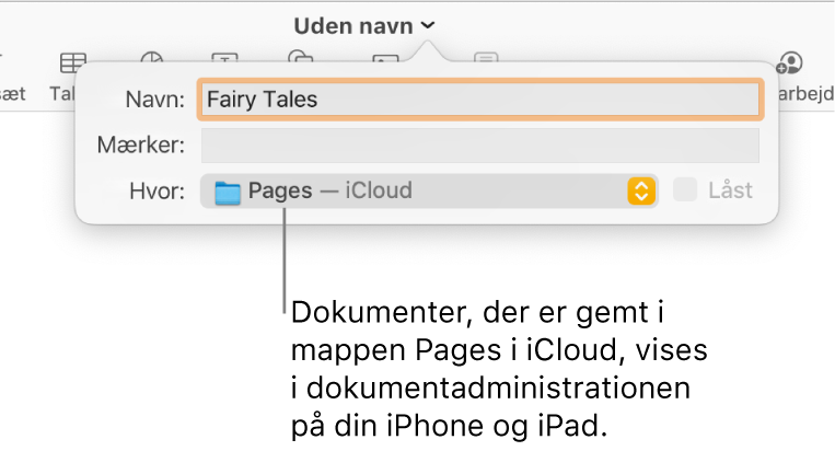 Dialogen Gem til et dokument med Pages – iCloud på lokalmenuen Hvor.