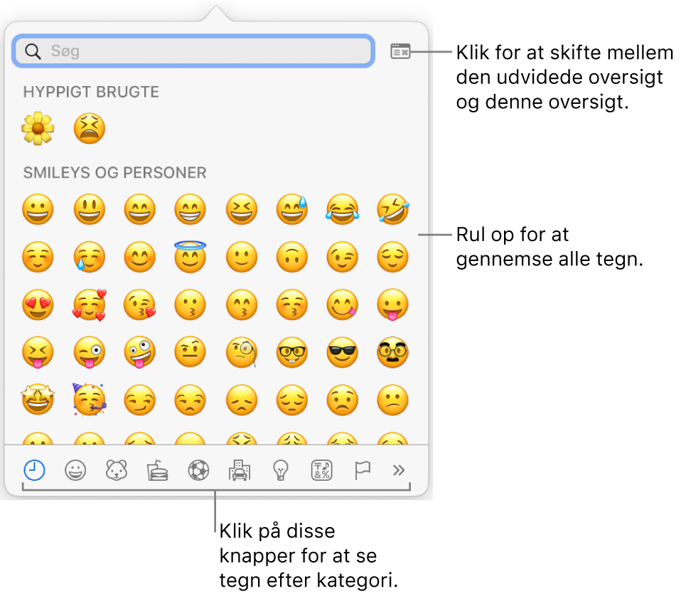 Vinduet Specialtegn med humørsymboler, knapper til forskellige typer symboler nederst og en billedforklaring til en knap, der viser hele tegnvinduet.