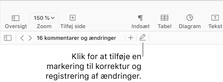 Menulinjen med Indsætmenuen og under den værktøjslinjen i Pages med korrekturværktøjer og en billedforklaring til knappen Marker.