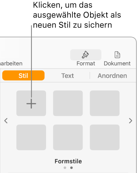 Der Tab „Stil“ der Seitenleiste „Format“ mit der Taste „Stil erstellen“ oben links und fünf leeren Stilplatzhaltern