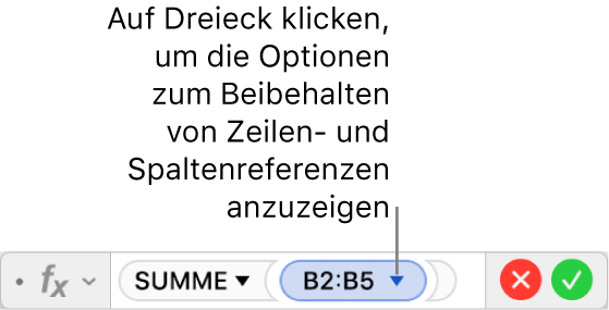 Der Formeleditor, der zeigt, wie die Zeile und Spalte einer Bereichsreferenz erhalten bleibt