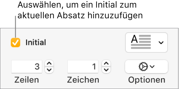 Das Feld „Initial“ ist markiert und rechts daneben erscheint ein Einblendmenü; Steuerelemente zum Einstellen der Zeilenhöhe, Anzahl von Zeichen und weitere Optionen werden darunter angezeigt.