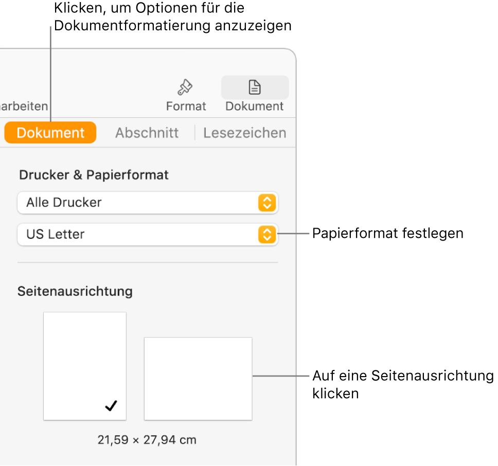 Oben in der Seitenleiste „Dokument“ ist der Tab „Dokument“ ausgewählt. In der Seitenleiste befinden sich ein Einblendmenü, das auf das Papierformat eingestellt ist, und Tasten für die Seitenausrichtung im Hochformat und Querformat.