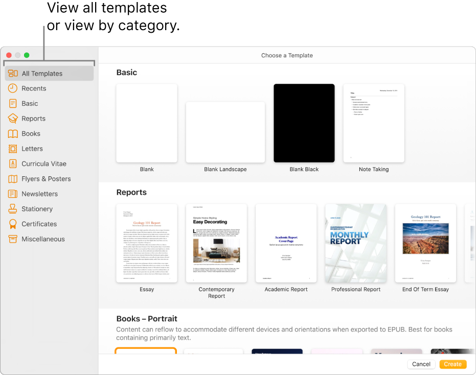 The template chooser. A sidebar on the left lists template categories you can click to filter options. On the right are thumbnails of predesigned templates arranged in rows by category, starting with Basic at the top and followed by Reports and Books — Portrait. The Language and Region pop-up menu is in the bottom-left corner, and Cancel and Create buttons are in the bottom-right corner.