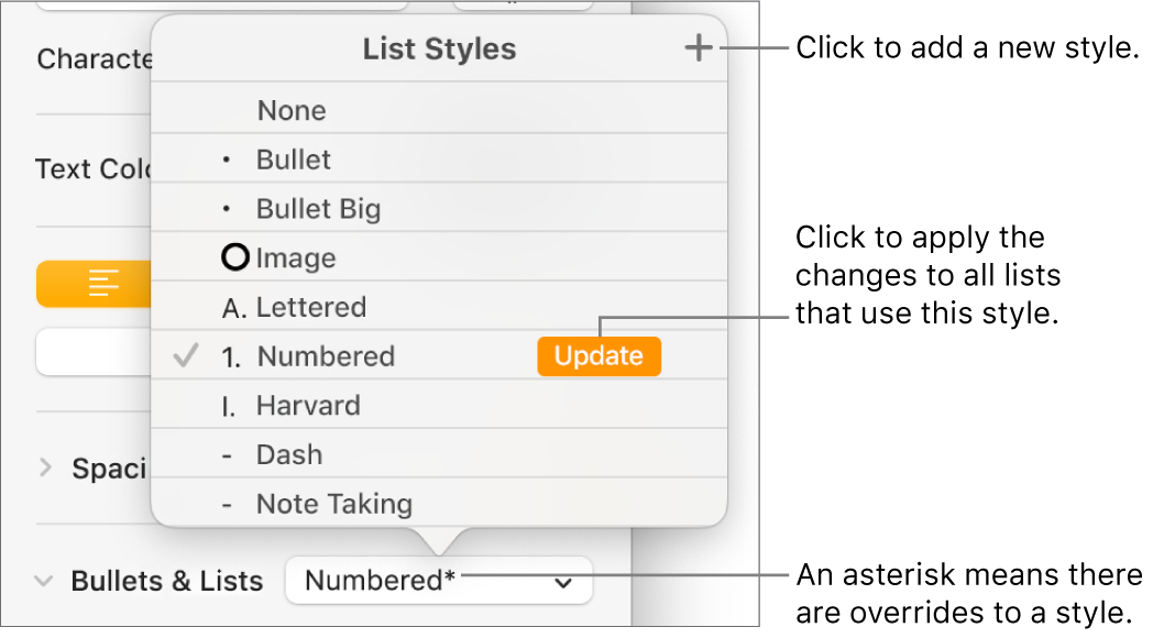 List Styles pop-up menu with an asterisk indicating an override and callouts to the New Style button and a submenu of options for managing styles.