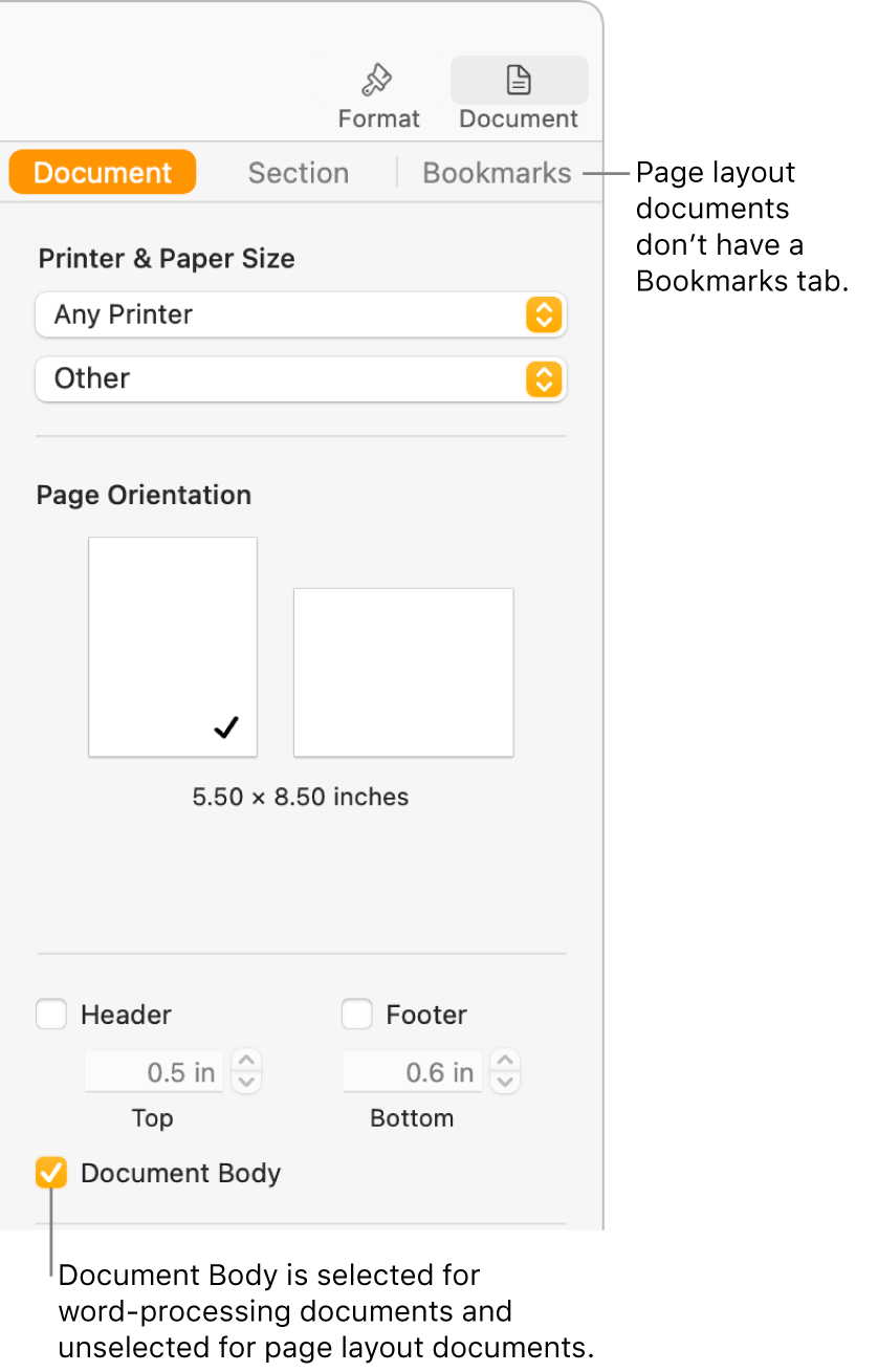 The Format sidebar with Document, Section, and Bookmarks tabs at the top. The Document tab is selected and a callout to the Bookmarks tab says that page layout documents don’t have a Bookmarks tab. The Document Body checkbox is selected, which also indicates that this is a word-processing document.