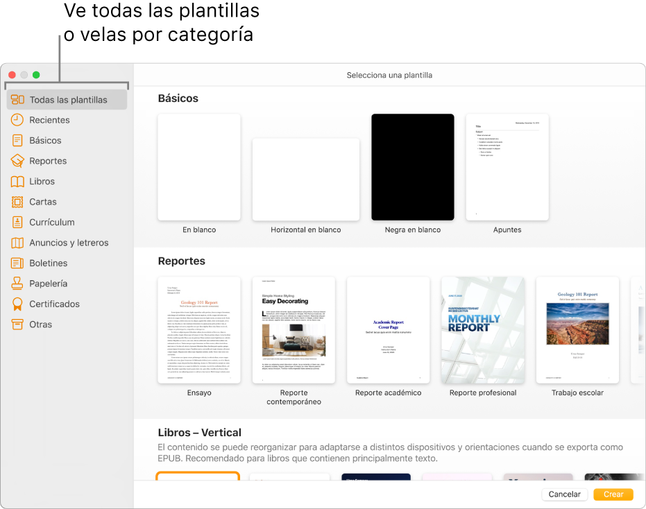 El selector de plantilla. A la izquierda aparece una barra lateral que muestra categorías de plantillas en las que puedes hacer clic para filtrar las opciones. A la derecha, organizadas en filas por categoría, aparecen miniaturas de las plantillas prediseñadas, comenzando con la categoría Nuevas en la parte superior, seguida por las categorías Reportes y Libros— horizontal. El menú desplegable “Idioma y región” se encuentra en la esquina inferior izquierda, y los botones Cancelar y Crear se encuentran en la esquina inferior derecha.