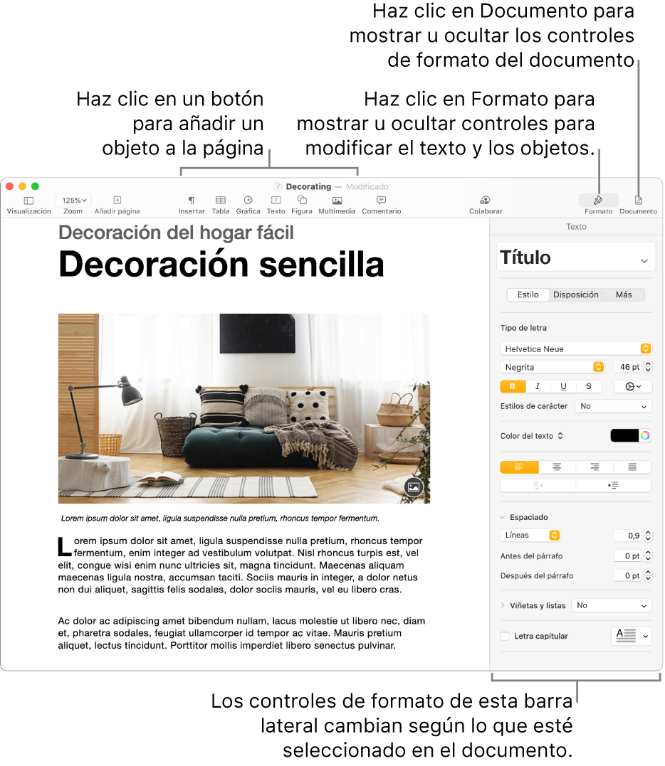 Ventana de Pages con botones en la barra de herramientas para añadir objetos y abrir las barras laterales.