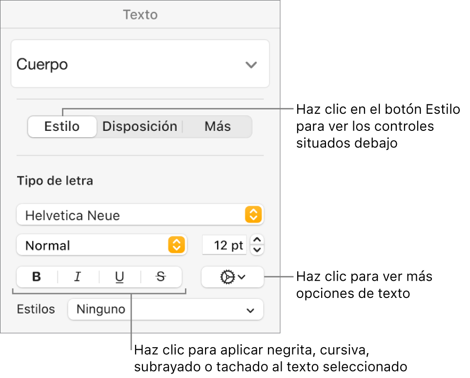 Los controles de Estilo de la barra lateral Formato con llamadas a los botones de Negrita, Cursiva, Subrayado y Tachado.