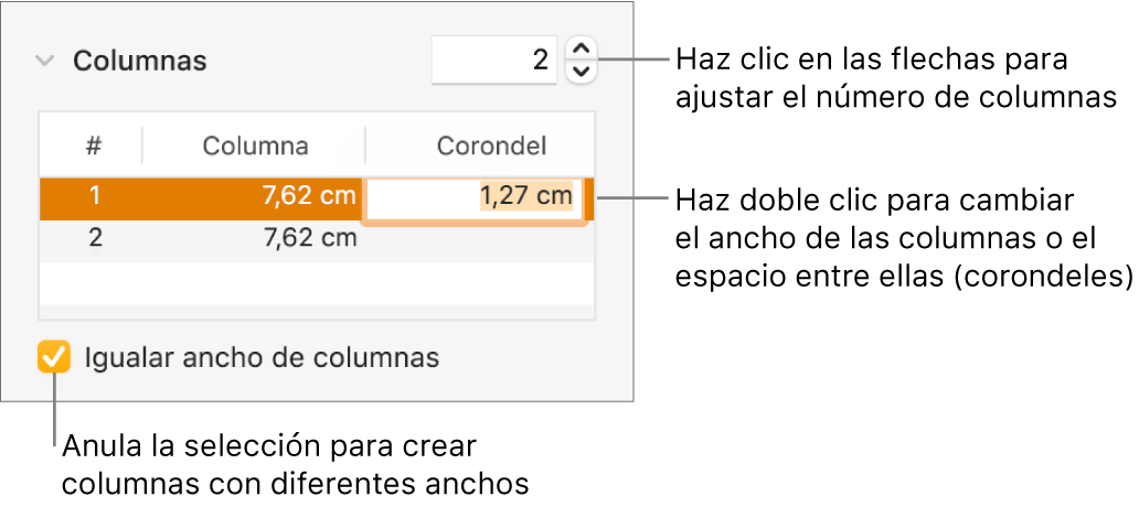 Panel Disposición del Inspector de formatos mostrando los controles de columna.