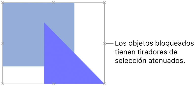 Objetos bloqueados con tiradores de selección atenuados.