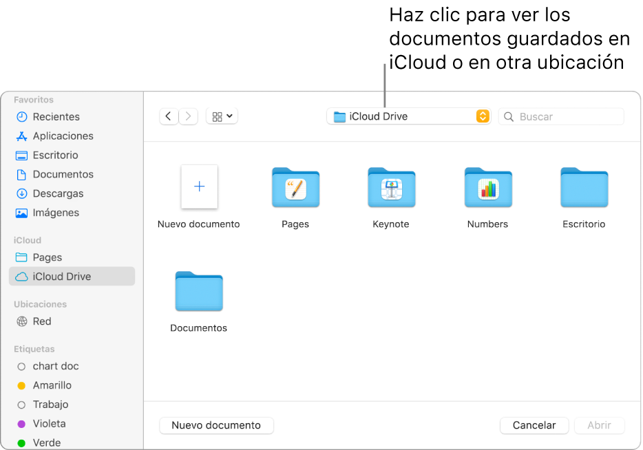 El cuadro de diálogo Abrir con la barra lateral abierta a la izquierda y iCloud Drive seleccionado en el menú desplegable en la parte superior. En el cuadro de diálogo aparecen carpetas para Keynote, Numbers y Pages, junto con un botón “Nuevo documento”.