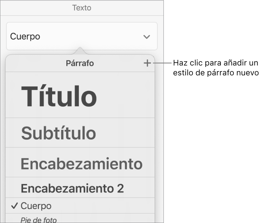 El menú “Estilos de párrafo” con una llamada al botón “Nuevo estilo”