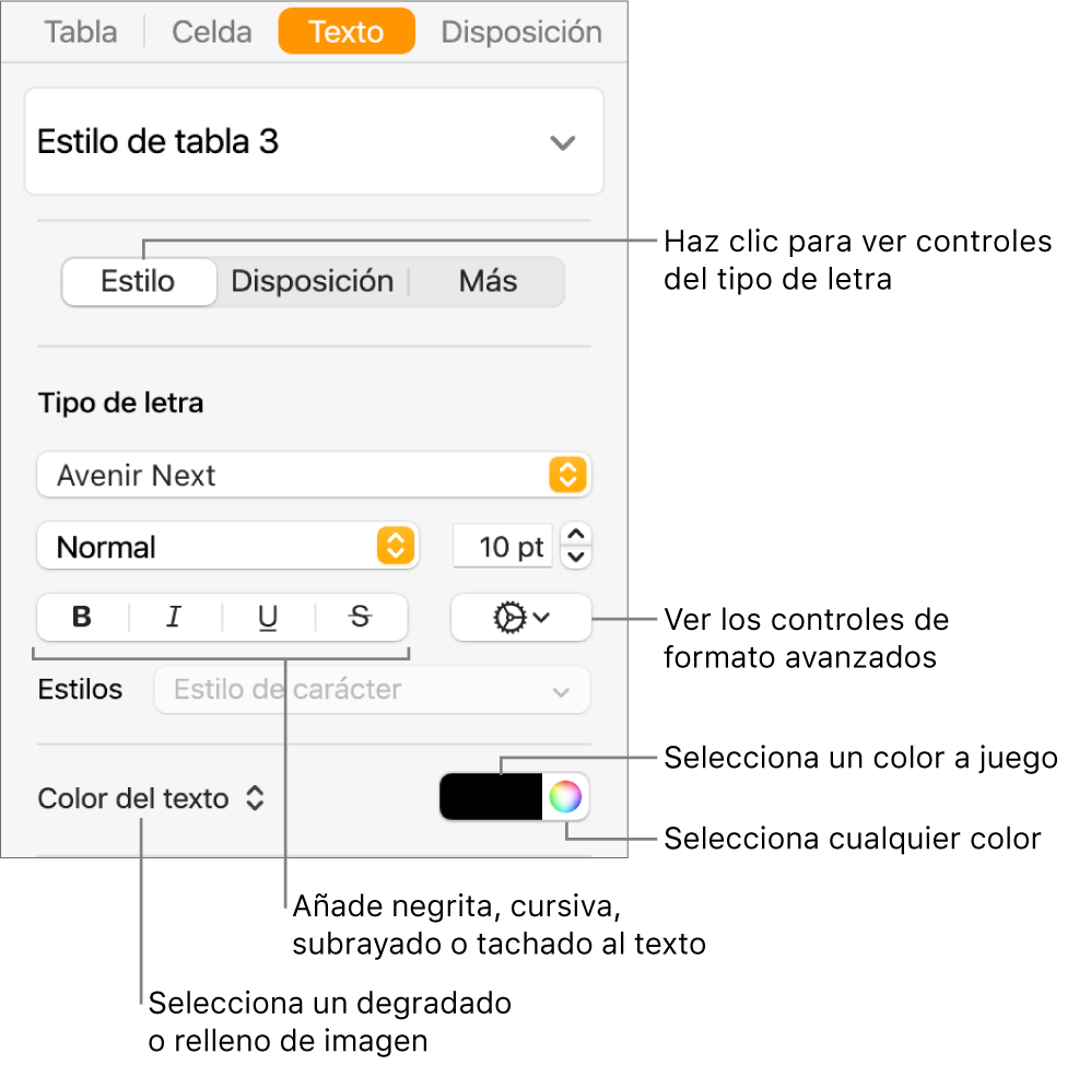 Los controles para aplicar un estilo a texto de la tabla.