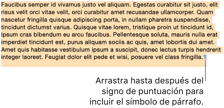 Un párrafo seleccionado, con el símbolo de párrafo incluido en la selección.