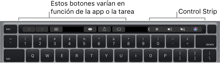 Un teclado con la Touch Bar encima de las teclas numéricas. Los botones para modificar el texto se sitúan a la derecha y en el medio. Control Strip, a la derecha, incluye controles del sistema para controlar el brillo, el volumen y Siri.