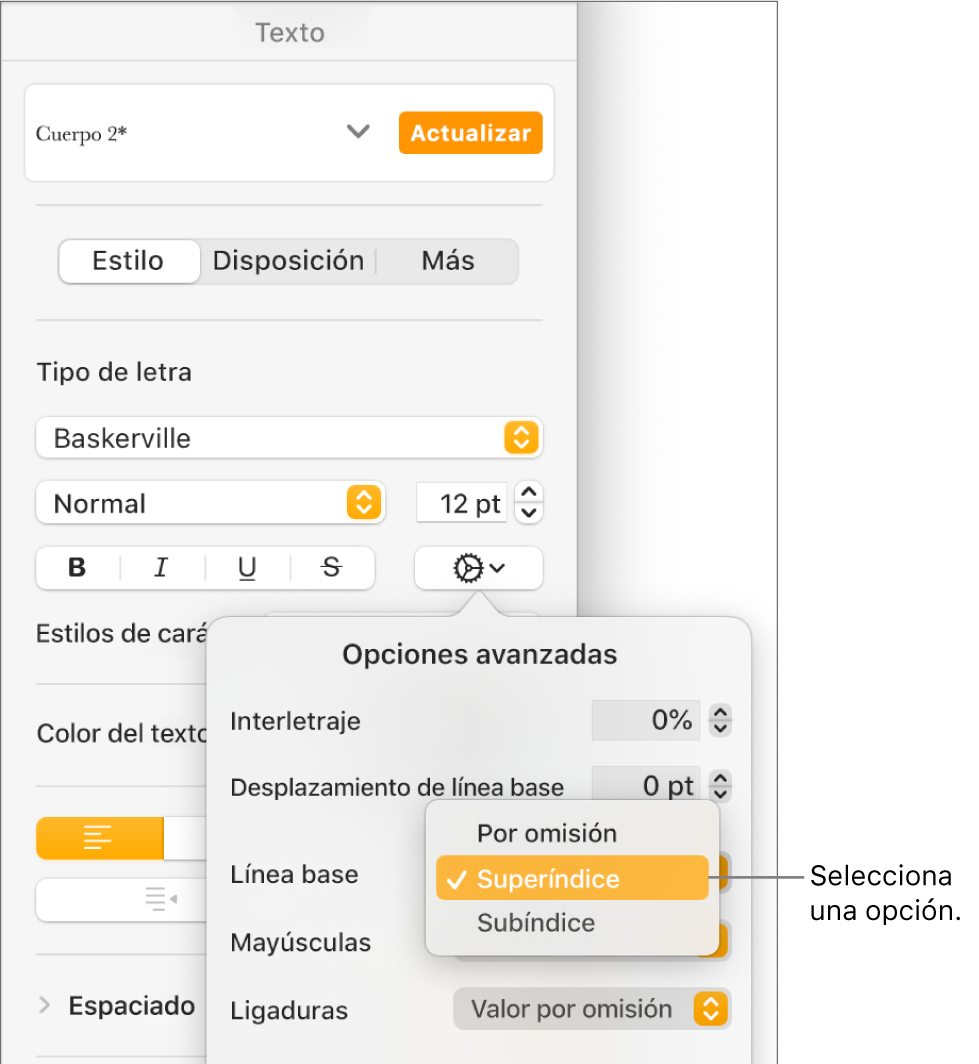 El menú “Opciones avanzadas” con el menú desplegable “Línea base” abierto y mostrando los ítems de menú “Por omisión”, Superíndice y Subíndice.