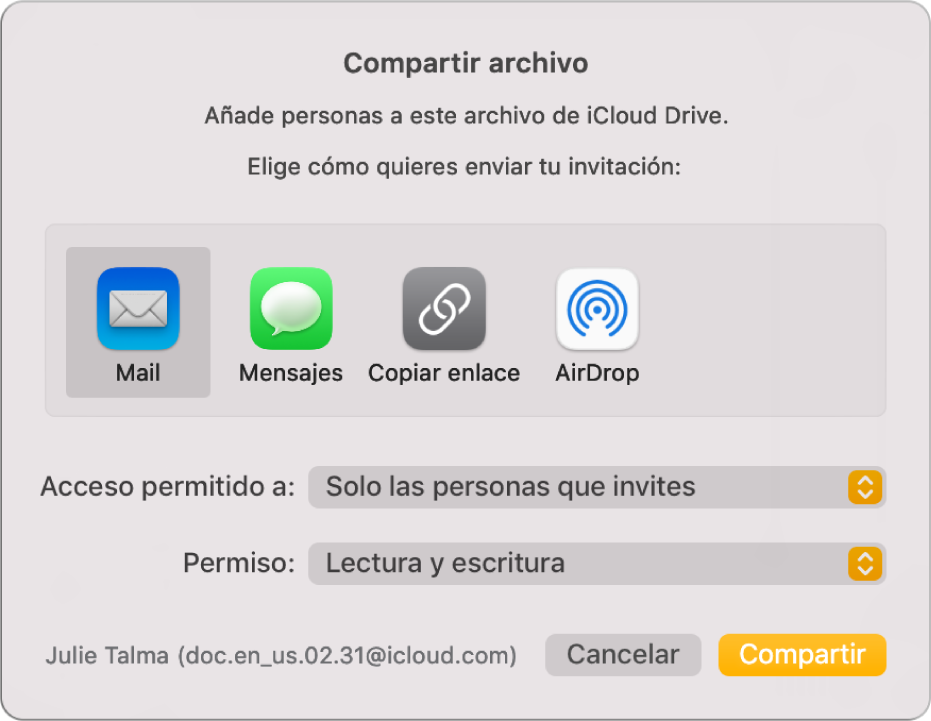 Ventana de los ajustes de colaboración con el botón Compartir en la parte inferior.
